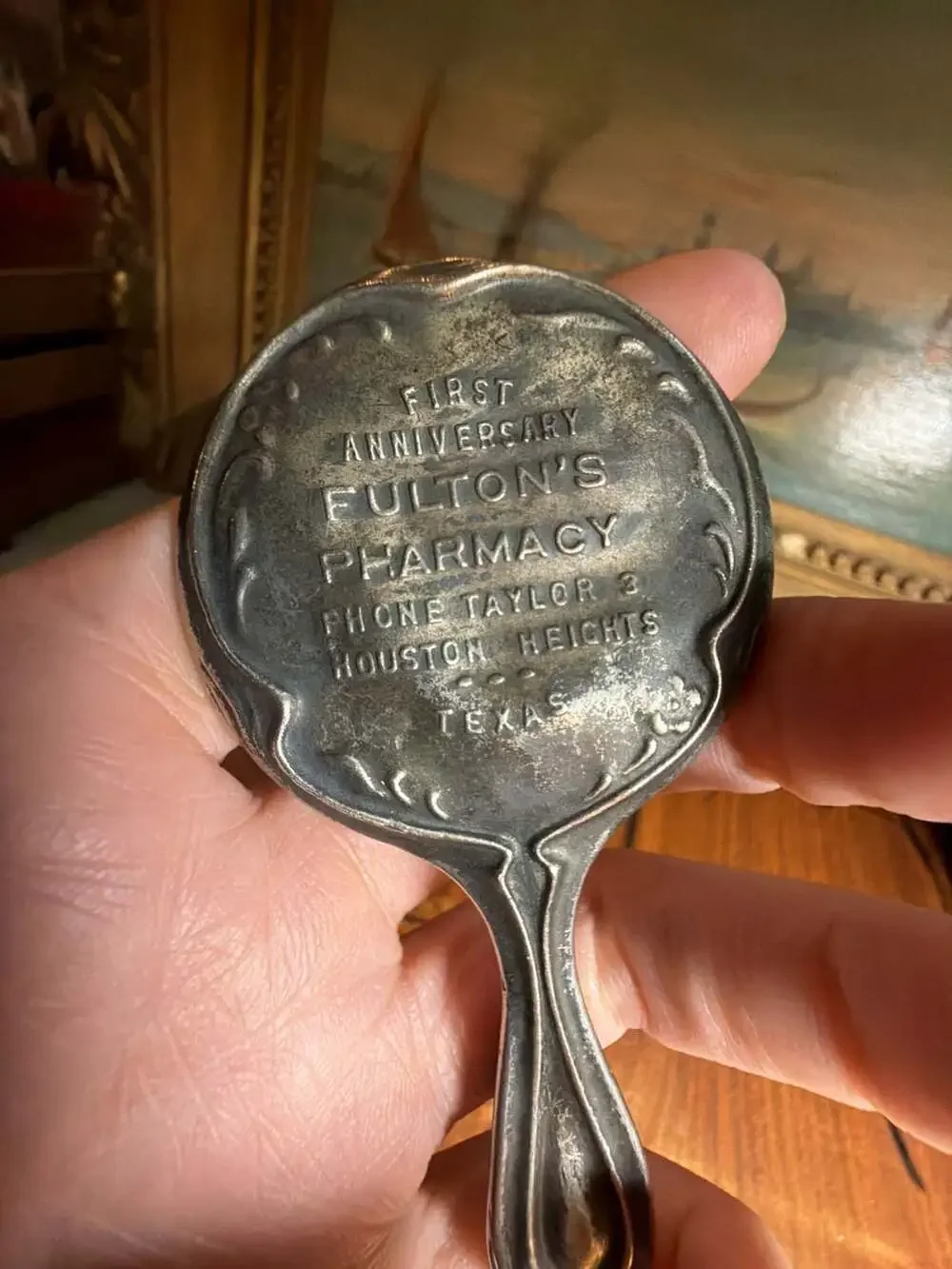 Vintage Fulton's Pharmacy First Anniversary Advertising Hand Mirror